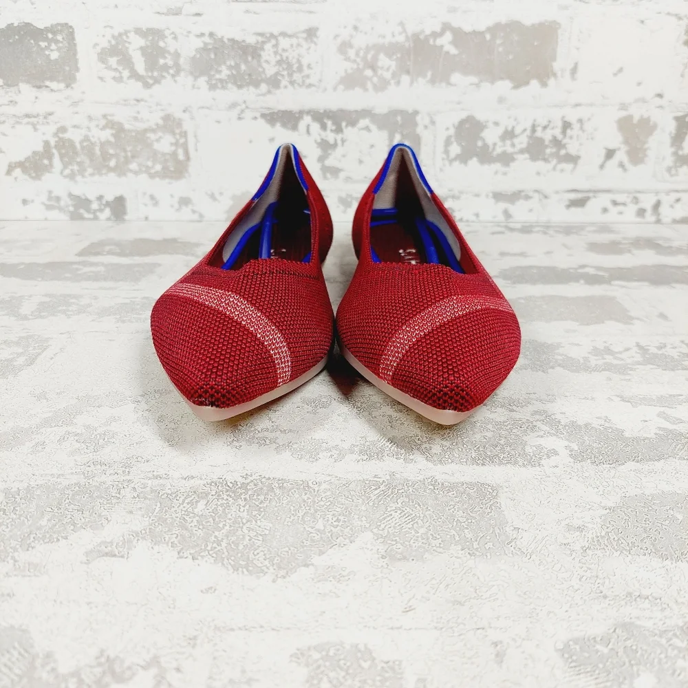 Rothy's Red Pointed Toe Knit Flats with Blue Trim
